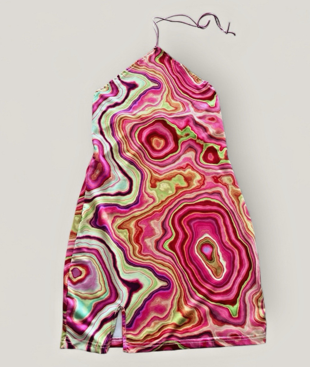 Kollyy Psychedelic Halter Tie Festival Stretch Hippie Costume Mini Dress M-L
